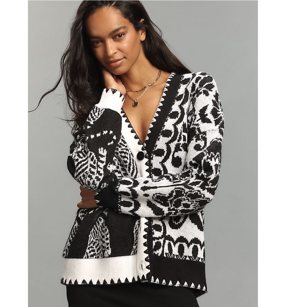 FARM Rio Black & Cream Mixed Striped Tigers Buttoned Knit Cardigan Size XXS NWT